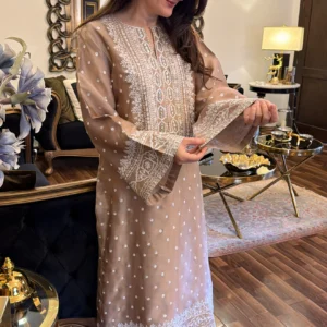 Beige Pearl Chikankari Embroidered Lawn Kurta Set