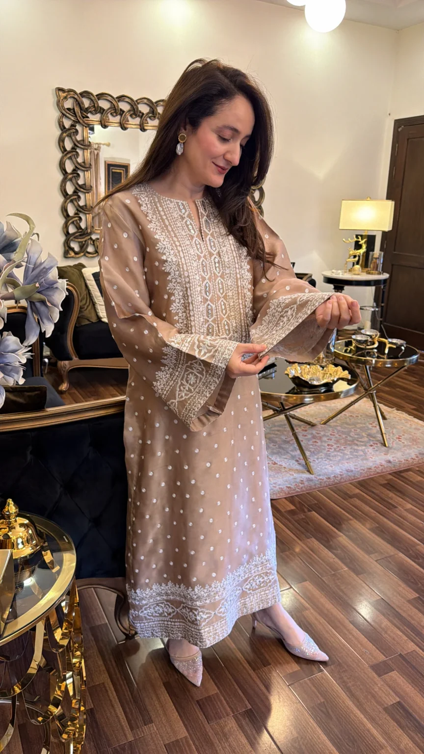 Beige Pearl Chikankari Embroidered Lawn Kurta Set